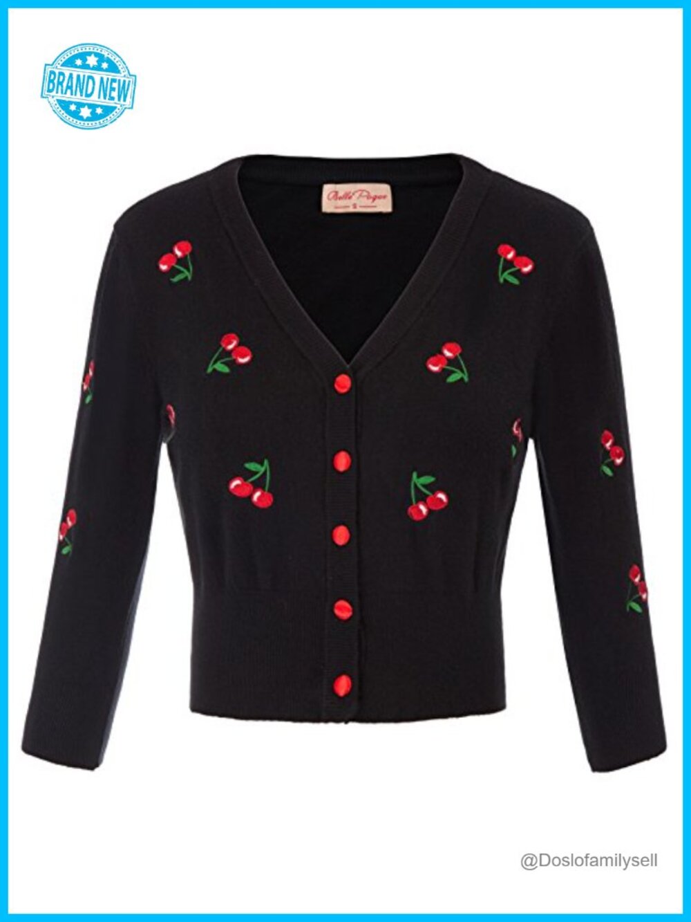 Belle Poque Women's 3/4 Sleeve V-Neck Button Down Cherry Embroidery Cropped
